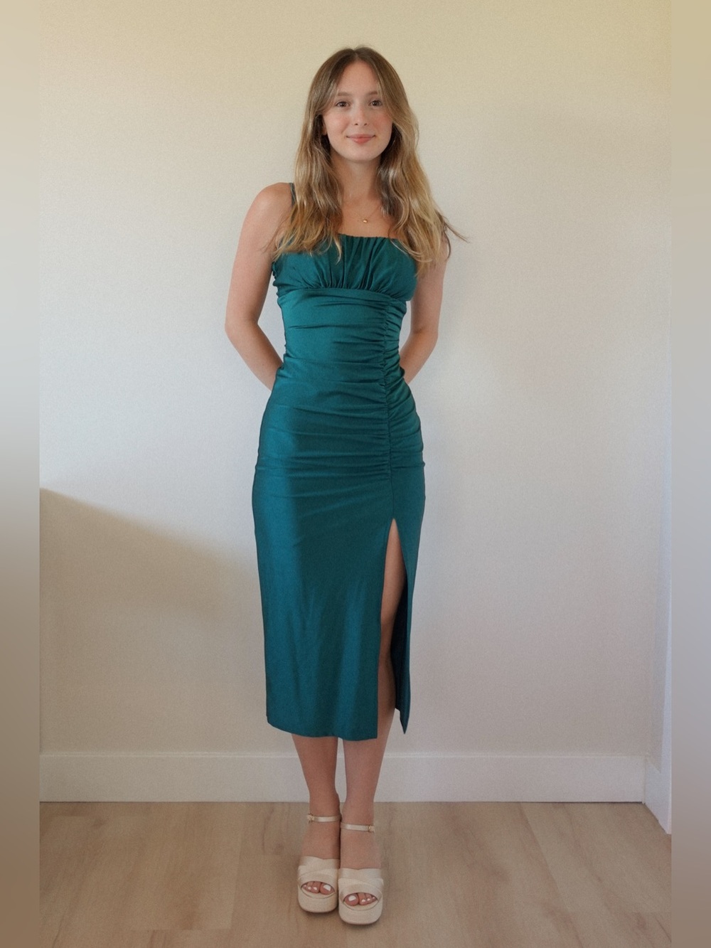 Emerald Ruched Midi Dress - Picture 1 of 5
